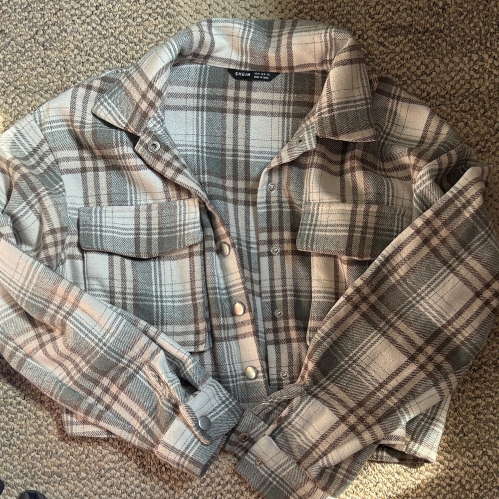 SHEIN Women's Plaid Utility Jacket - Gray and Cream